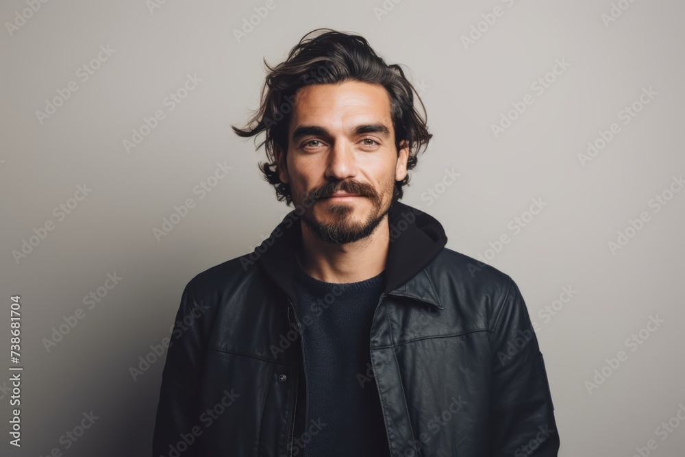 Portrait of a handsome young man with a beard in a black leather jacket. Portrait of a handsome young man with a beard in a black leather jacket.