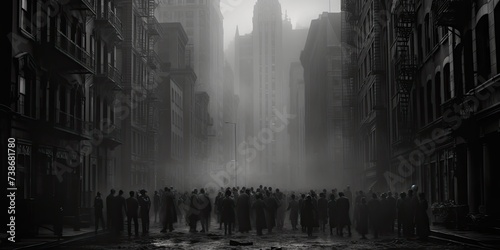 The eerie ambiance of a city street blanketed by thick fog, casting an ominous veil.