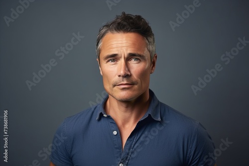 Portrait of handsome mature man in blue shirt looking at camera.