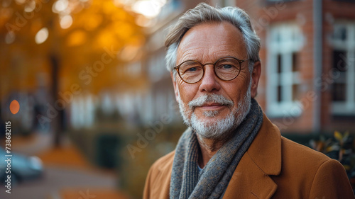 portrait of a senior home owner in america standing outside his home