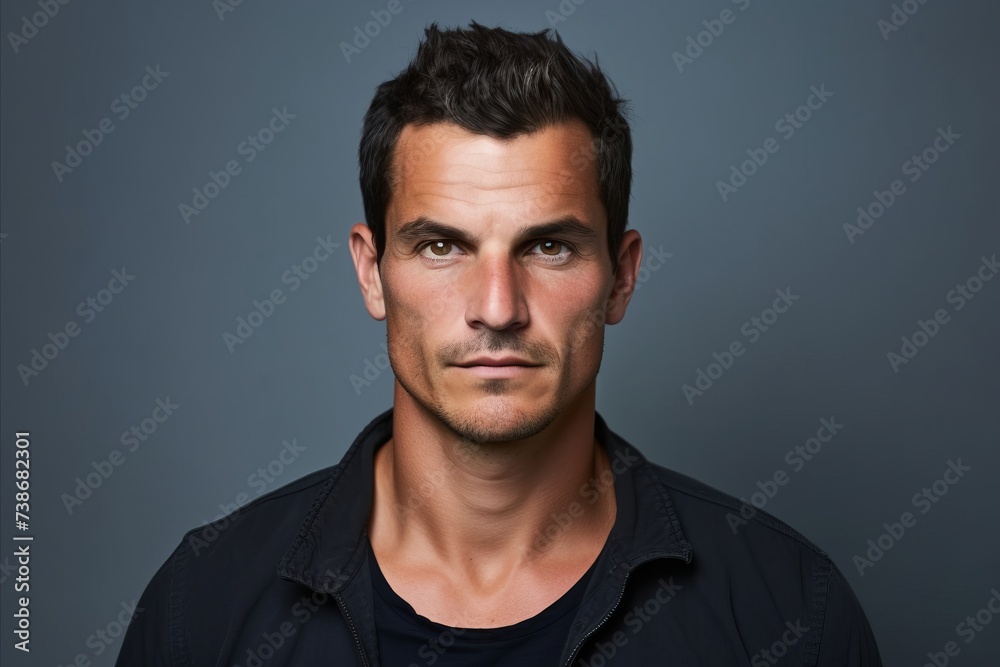 Portrait of a handsome young man in a black shirt on a gray background Portrait of a handsome young man in a black shirt on a gray background