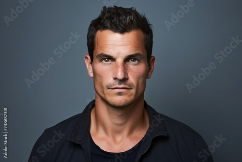 Portrait of a handsome young man in a black shirt on a gray background