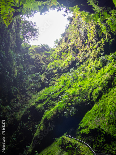 looking up at the hole to the sky from inside Algar do Carvão, Terceira Island, Azores photo