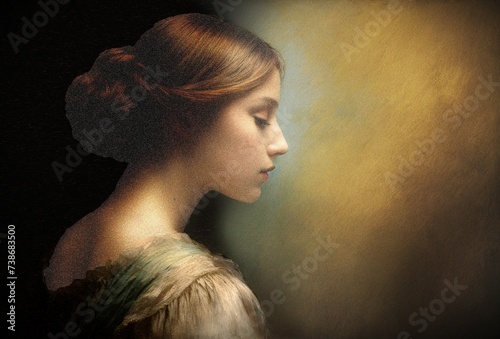 Portrait of a young woman in her 20s inspired by 15th century renaissance, with modern effects and approach. Painting, art on canvas.