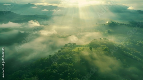 Beautiful aerial View of hilly landscape in morning mist with sun rays, banner format  © Ziyan