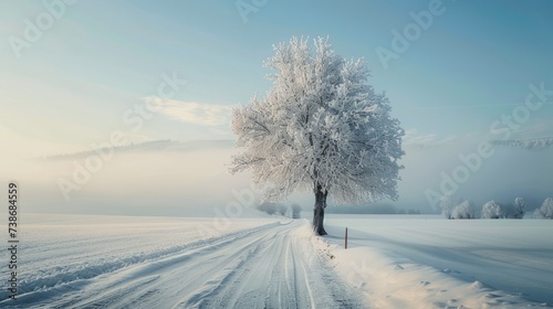 snowy tree at the country road