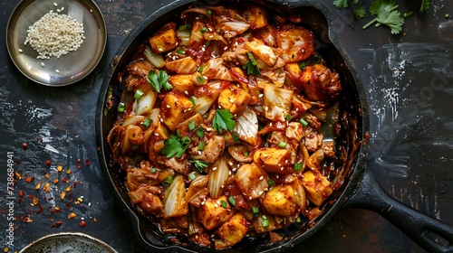 Korean dak galbi stir-fried spicy chicken with cabbage, sweet potato, and rice cakes