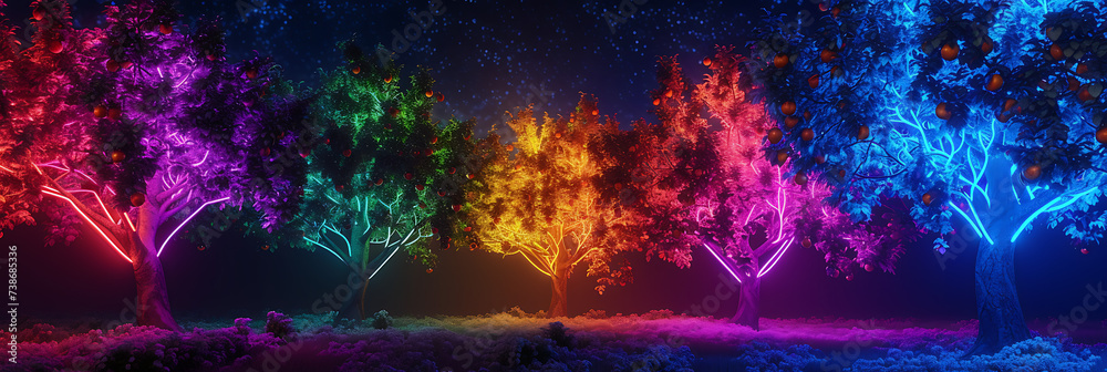 Trees with branches made of neon lights, bearing fruits that radiate vibrant colors in a surreal orchard. 