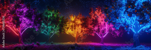 Trees with branches made of neon lights, bearing fruits that radiate vibrant colors in a surreal orchard.  © thisisforyou