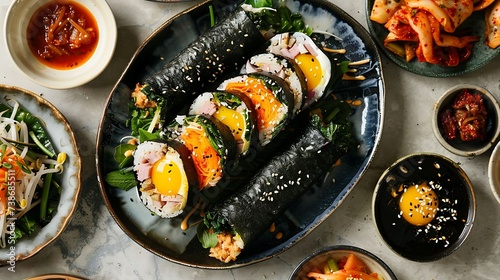 Korean gimbap seaweed rice rolls filled with vegetables, egg, and ham, served with pickled radish and kimchi photo