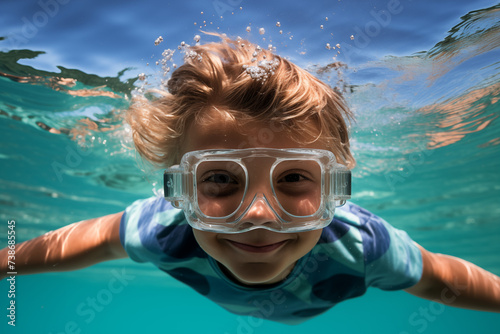 Young boy is swimming underwater in a clear swimming pool wearing swimmer goggles