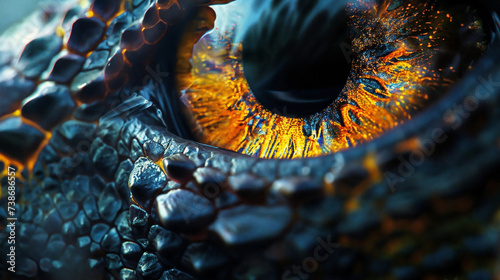 Close-Up Eye of Reptile or Dragon, Detailed Textures, Vibrant Colors on Scales, Striking Yellow-Orange Iris, Vertical Pupil, Intricate Scale Pattern, Dramatic, Intense Look, Real or Digital Creation.