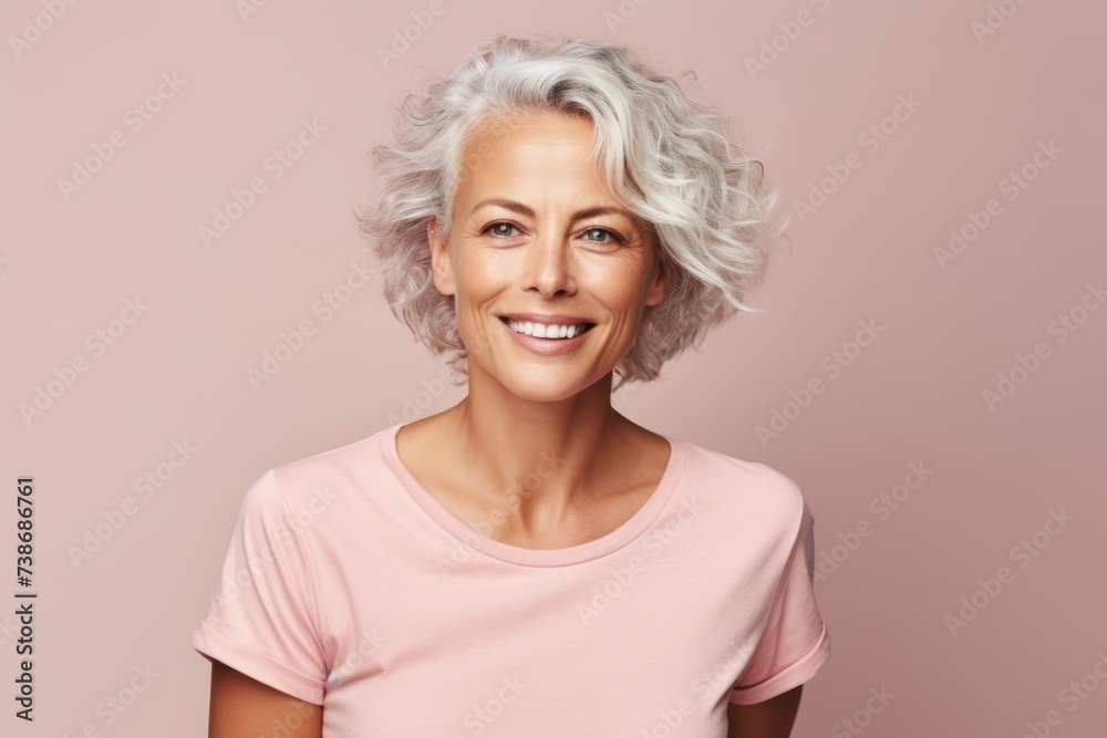 Smiling senior woman. Portrait of beautiful mature woman looking at camera and smiling while standing against pink background