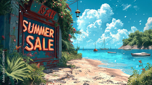 Summer Sale Retail Offers Beach Discount Promotion, beach scene, illustration