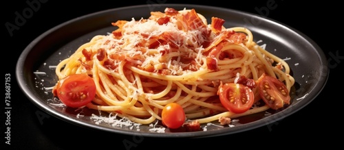 Sticky pasta with tomato sauce served on a plate black background