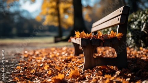 Amazing shot of a wooden bench in an autumnal par UHD WALLPAPER