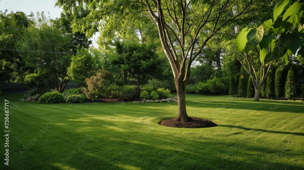 Peaceful Backyard Haven with One Tree and Manicured Grass AI Generated.