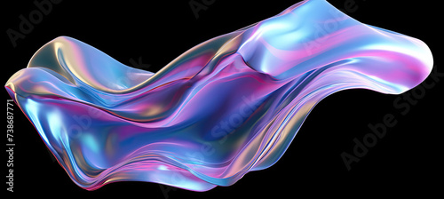 Bold holographic liquid cloth material flying in the wind isolated. on black with copy space