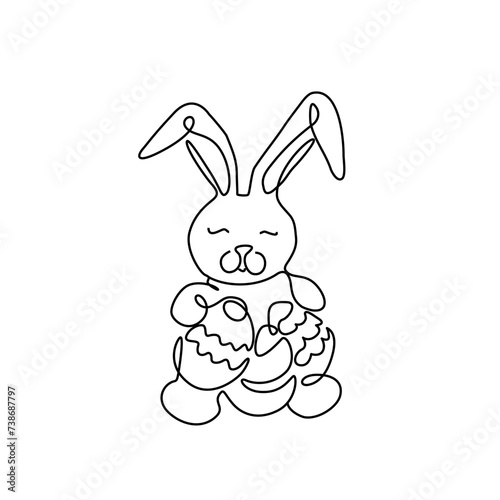 Fototapeta Naklejka Na Ścianę i Meble -  Bunny with Easter egg, Happy Easter Day symbol greeting card logo design, invitation. Continuous line drawing, print for clothes, isolated vector illustration.