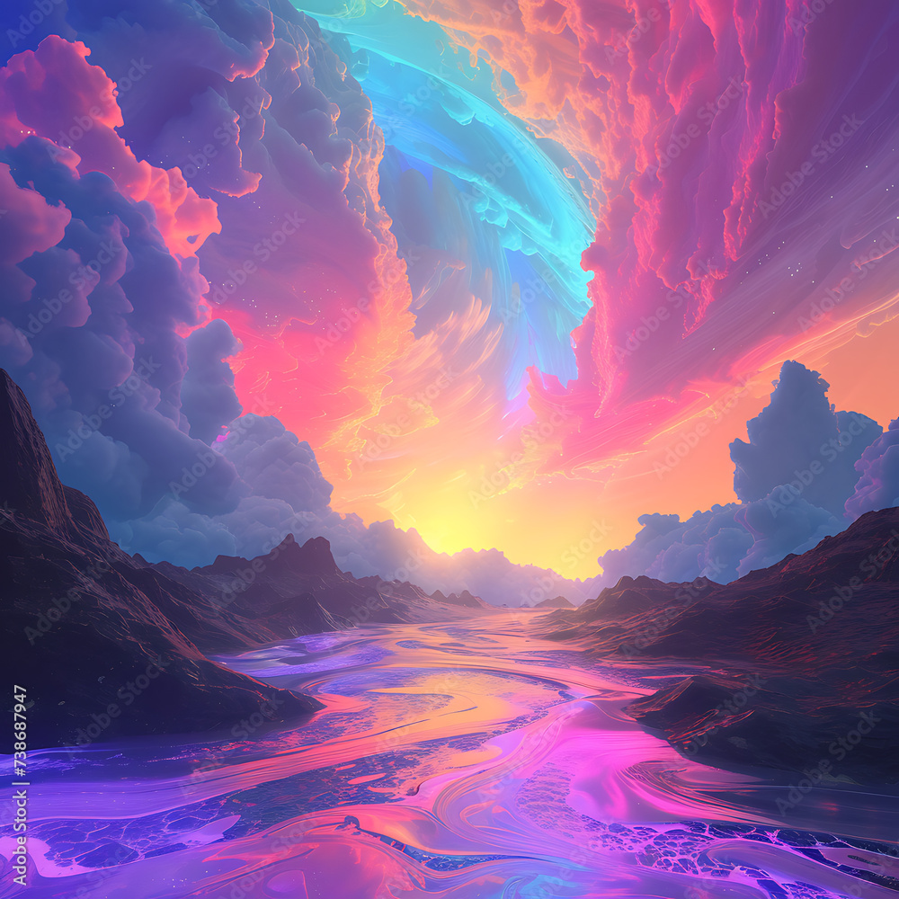 Vibrant 3D render of an otherworldly landscape with neon clouds painting a surreal, colorful sky