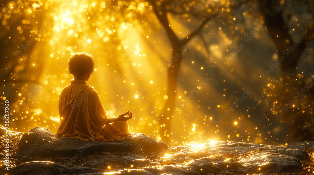A person meditates on a rock with sunlight streaming through trees, creating a magical and peaceful atmosphere.