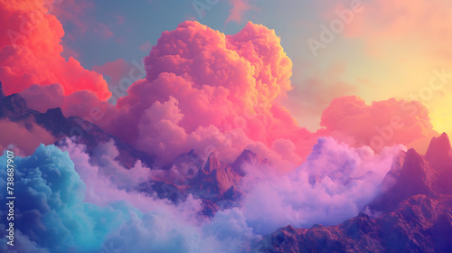 Vibrant 3D render of an otherworldly landscape with neon clouds painting a surreal, colorful sky © thisisforyou