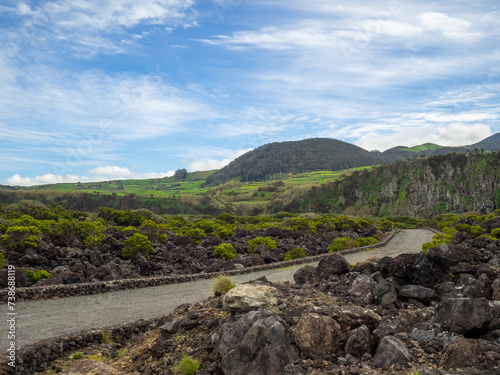 Road between the volcanic rock landscape, Terceira Island