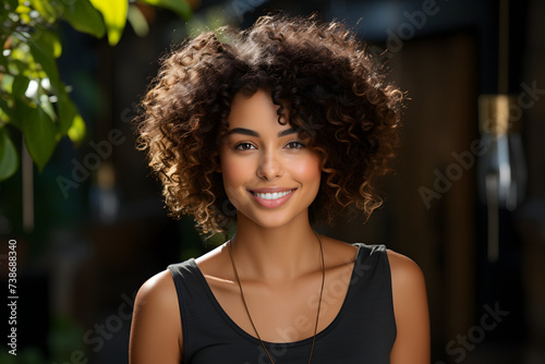 Confident Woman with Afro Haircut Indicating Promotional Space.
