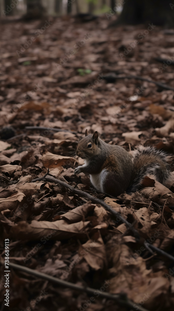 Gray and brown squirrel sits amidst a bed of brown leaves on the forest floor, nibbling on a small object in its hands