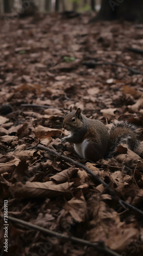 Gray and brown squirrel sits amidst a bed of brown leaves on the forest floor, nibbling on a small object in its hands