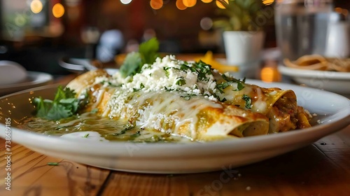 Mexican enchiladas verdes with chicken, rolled in corn tortillas and topped with salsa verde, cheese, and crema photo