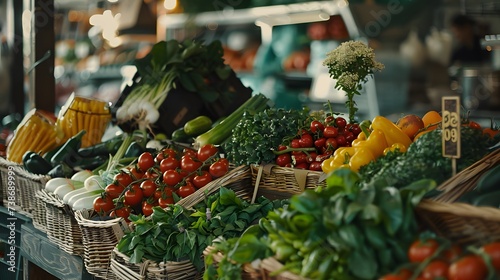 Local market with fresh farm products. Vegetables and herbs close-up on street counter