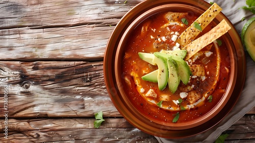 Mexican sopa de tortilla tortilla soup with chicken, avocado, cheese, and crispy tortilla strips photo