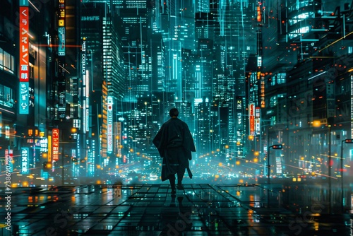 Obraz na płótnie With every step on the hyper connected streets a samurai navigates the utopia his ethos a beacon in the technological maze
