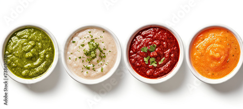 Top view Various sauces in bowls. isolated on white background