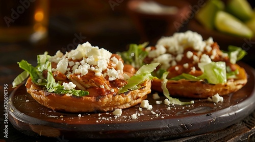 Mexican sopes topped with refried beans, tinga chicken, lettuce, crema, and crumbled cheese photo