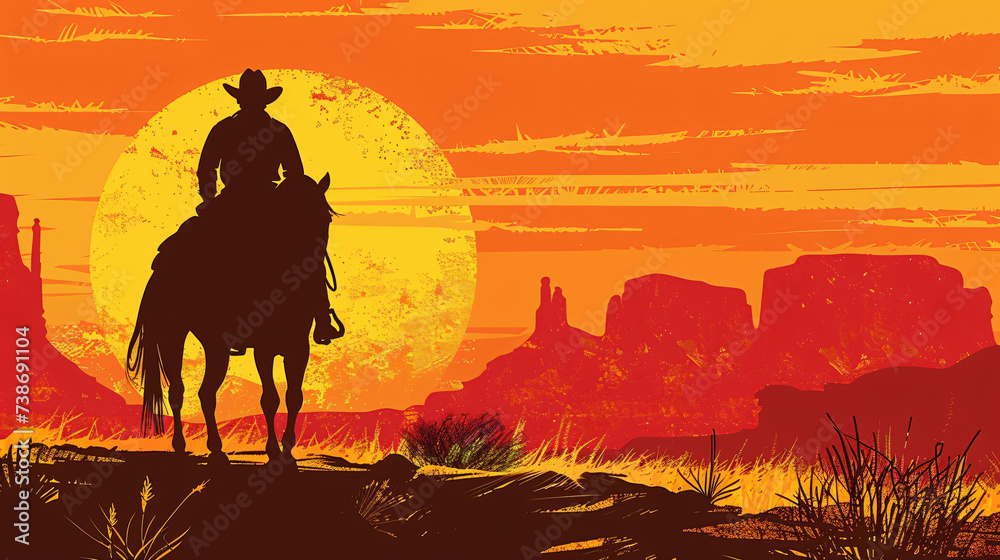 Silhouette image of a cowboy riding a horse.