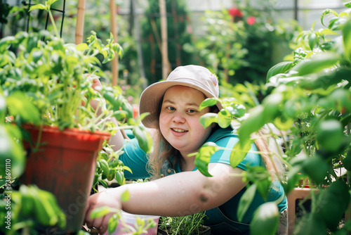 Person with intellectual disabilities taking care of the plants in a garden