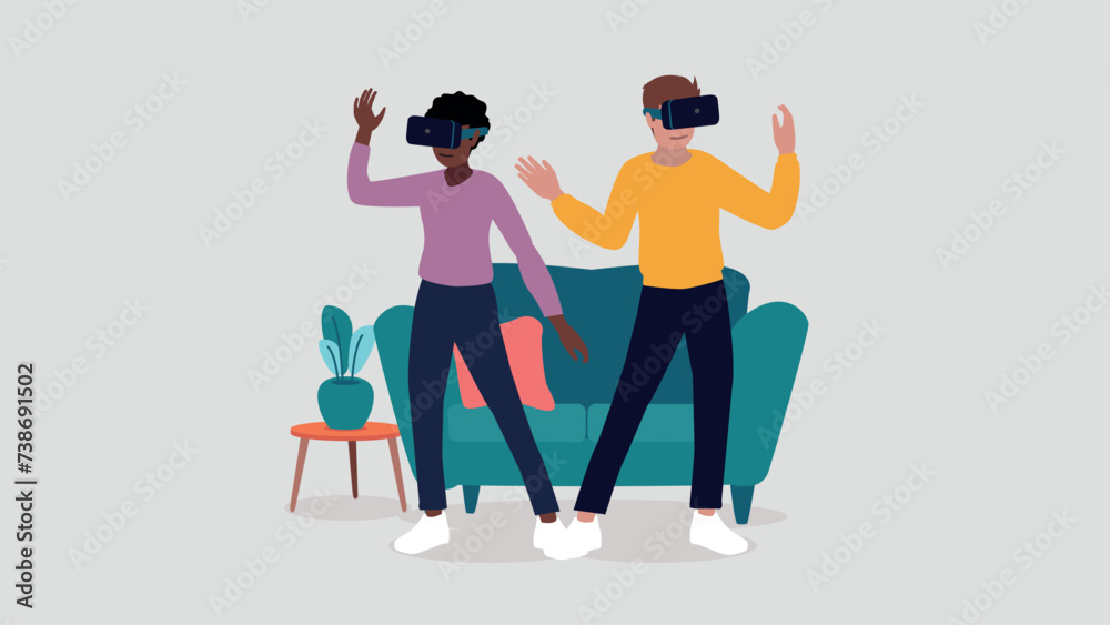 Vektor-Illustration von Menschen mit virtuellen Realität Brillen in ihrem Wohnzimmer - künstliche Intelligenz Konzept