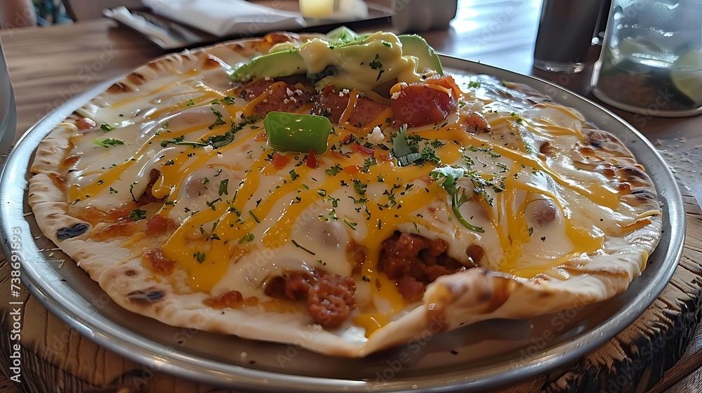 Mexican tlayuda Oaxacan pizza with refried beans, cheese, chorizo