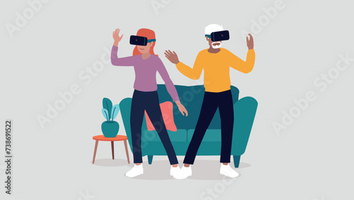 Vektor-Illustration von Menschen mit virtuellen Realität Brillen in ihrem Wohnzimmer - künstliche Intelligenz Konzept