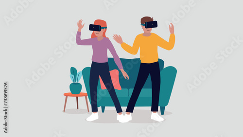 Vektor-Illustration von Menschen mit virtuellen Realität Brillen in ihrem Wohnzimmer - künstliche Intelligenz Konzept