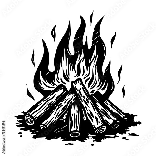 Burning bonfire with a large flame for camping