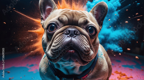 Happy French bulldog with colorful dust explosion on background. AI generated