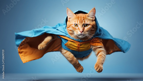 Flying superhero cat on blue background. AI generated