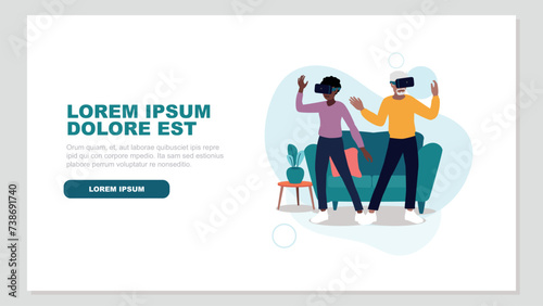 Vektor-Illustration von Menschen mit virtuellen Realität Brillen in ihrem Wohnzimmer - künstliche Intelligenz Konzept
