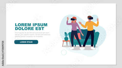 Vektor-Illustration von Menschen mit virtuellen Realität Brillen in ihrem Wohnzimmer - künstliche Intelligenz Konzept