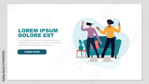 Vektor-Illustration von Menschen mit virtuellen Realität Brillen in ihrem Wohnzimmer - künstliche Intelligenz Konzept