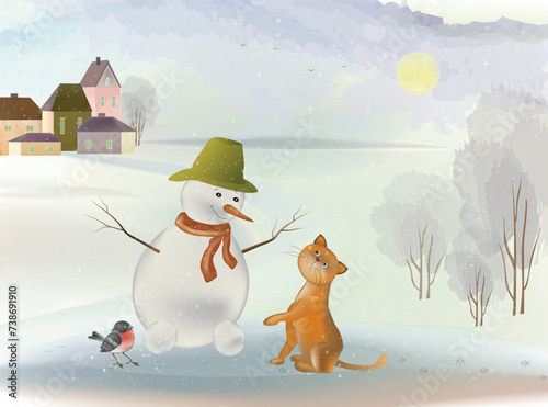 A red cat, a bullfinch bird and a snowman are talking against the backdrop of a winter landscape with snow-covered trees and a small town in the distance. Vector cartoon drawing in watercolor style.