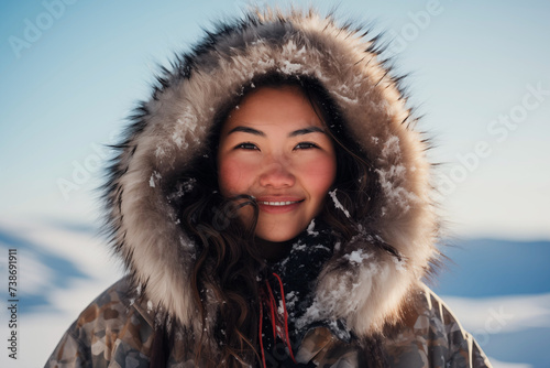 Beautiful Eskimo woman looking at the camera wearing warm clothing